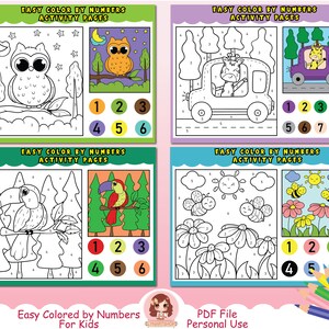 Colorir por números folhas de atividades imprimíveis para crianças, atividades de aprendizagem, pré-escola, páginas para colorir, livro de atividades fácil e divertido, animais,