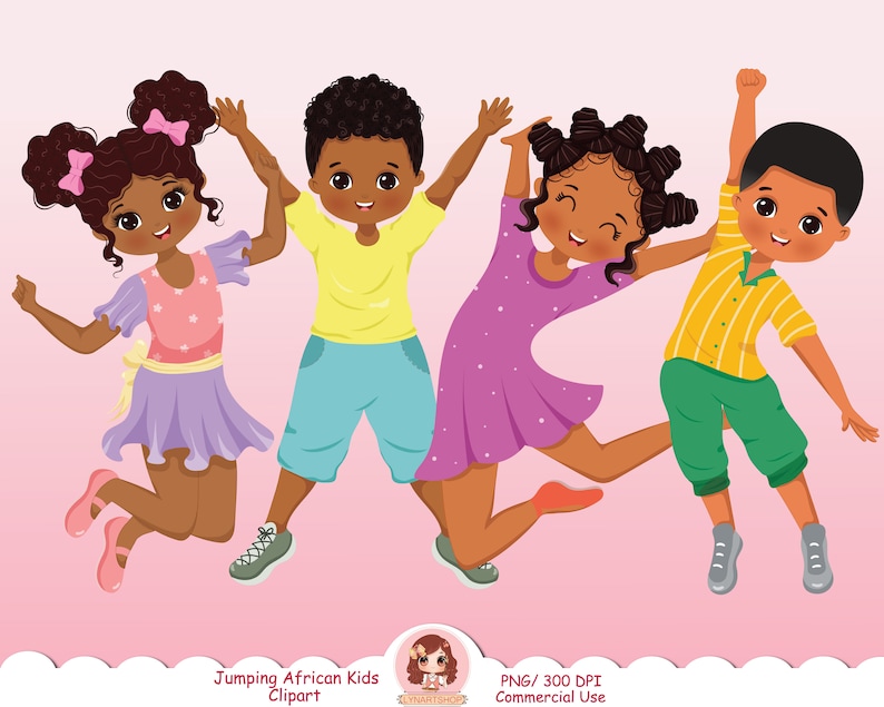 Cute kids clipart, Jumping children, African American kids, happy, joy and excited kids, cartoon boys and girls, back to school children,PNG image 2