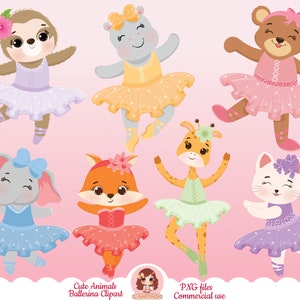 かわいい動物のバレリーナ クリップアート、サファリの動物。ジャングル、カバ、クマ、ゾウ、猫、ナマケモノ、キリン、キツネ、森の動物、昇華、PNG
