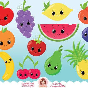 Fruits clipart PNG, Kawaii fruits clipart, happy fruit, digital clipart, orange, banana, apple, strawberry, watermelon, lemon, healthy food