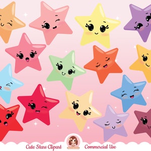 Cute Stars Clip Art, Kawaii Star Clipart, Star Clipart, Stars Clip Art Set, Emoji Expression Cartoon Character, happy star, Commercial use