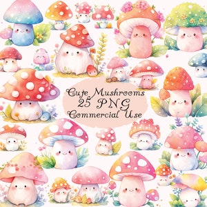 Śliczne akwarele Grzyb clipart PNG, magiczny grzyb clipart, wiosenny grzyb, kwiaty, liście, szkółka, pobieranie cyfrowe, wykorzystanie komercyjne