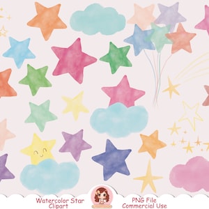 Aquarel ster clipart, ster clip art PNG, wolk, schattige sterren clipart, handgeschilderde sterren, gelukkige sterren, ster vorm, regenboog sterren clip art