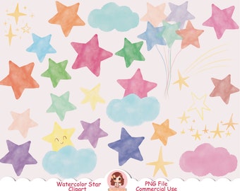 Watercolor star clipart, star clip art PNG, cloud, cute stars clipart, hand painted stars, happy stars, star shape, rainbow stars clip art