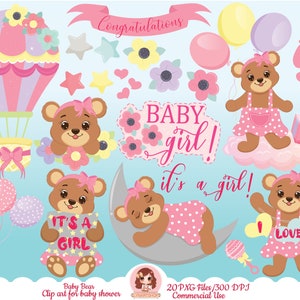 Clipart de ursinho de pelúcia fofo, clipart de berçário, urso de chá de bebê, ursinhos de menina para chá de bebê, scrapbooking, clipart de urso rosa, PNG, chibi