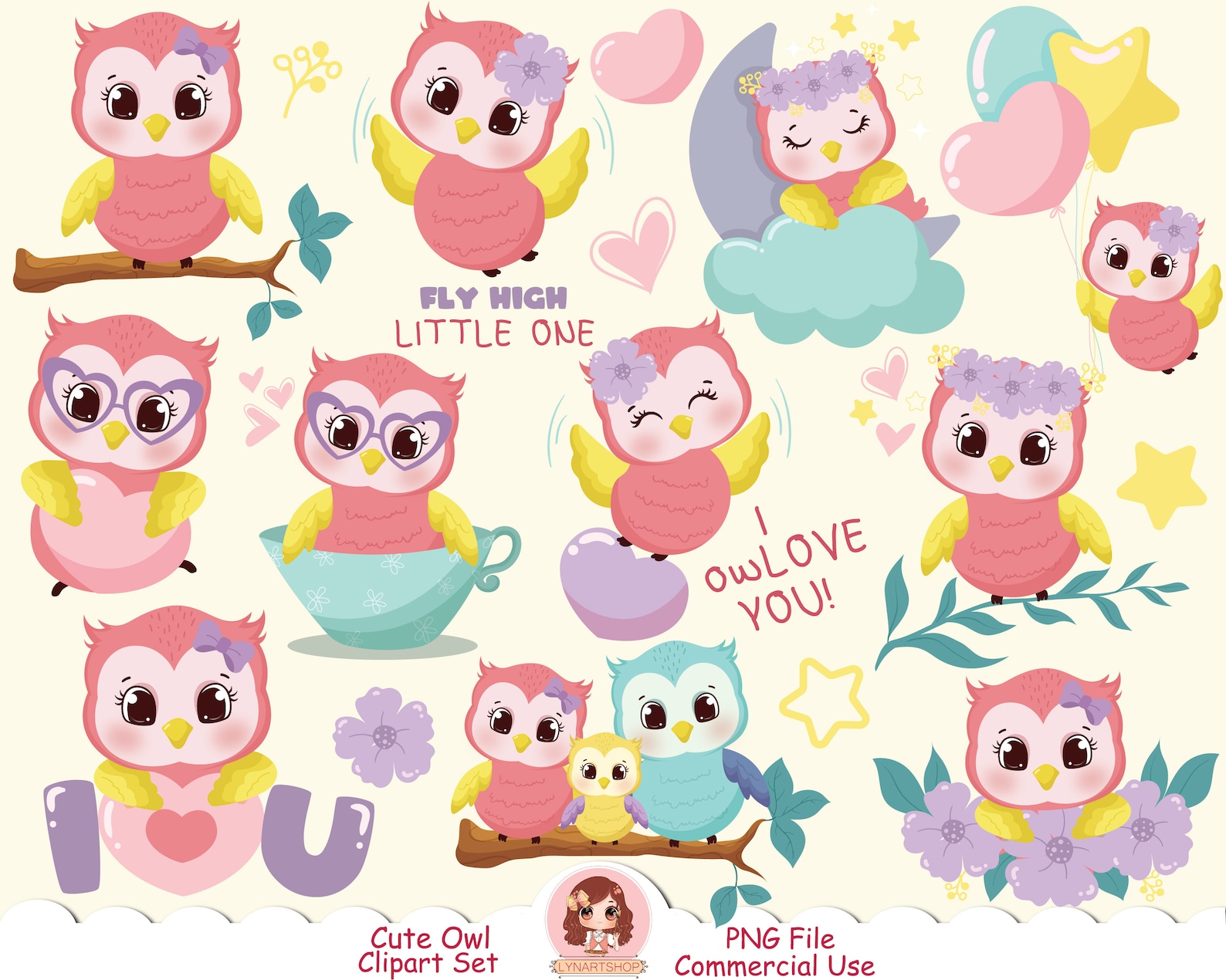 Cute Baby Girl Owl Clip Art PNG, Cartoon Owl, Bird Clipart, Pink Owl