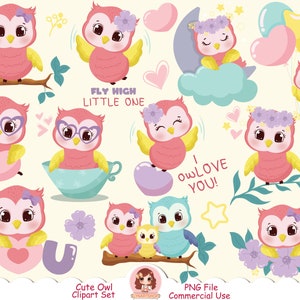 Lindo bebé búho niña clip art PNG, búho de dibujos animados, pájaro clipart, búho rosa clipart, baby shower clipart, San Valentín búho clipart, dulce, feliz