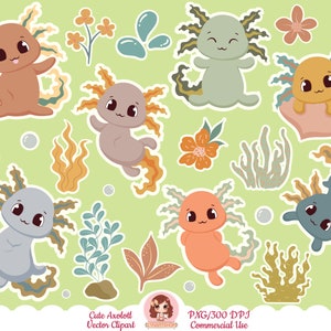 axolotl clipart, cute kawaii axolotl set, cartoon, vector, chibi, cute clip art, sublimation design, happy axolotl, PNG, Printable stickers