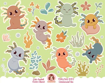 clipart de axolotl, lindo conjunto de axolotl kawaii, dibujos animados, vector, chibi, lindas imágenes prediseñadas, diseño de sublimación, feliz axolotl, PNG, pegatinas imprimibles