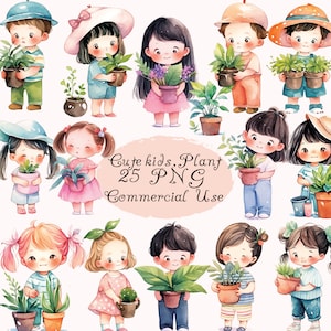 Lindos niños de acuarela con imágenes prediseñadas de plantas PNG, imágenes prediseñadas de estudiantes, imágenes prediseñadas del día de la tierra, plantas, regreso a la escuela, descarga digital, uso comercial