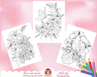 Flowers coloring pages, Botanical coloring pages, Printable adult coloring page, Floral , butterflies, animals,  flower coloring book, PDF