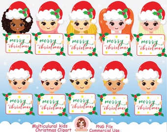 Multicultural kids holding Christmas board, kids clipart, Xmas, Christmas clipart, cute holiday clip art, digital graphics, children, PNG