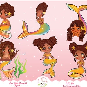 Mermaid clipart, mermaid clip art set, sublimation designs, cute mermaids clip art, cute kawaii mermaid, chibi mermaids, black girl mermaid