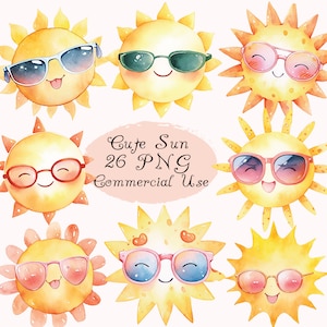 Aquarell Sonne Clipart PNG, niedliche Sonne ClipArt, glückliche Sonne, Sonnenschein Clipart, Sonne Gesichter Clip Art, handbemalte Sonne, Sommer, Sonne mit Sonnenbrille