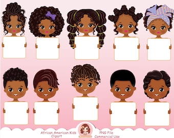 Cute African Americans kids holding board clipart, black kids clip art, cute children, kids holding frames, students, afro kid clipart, PNG