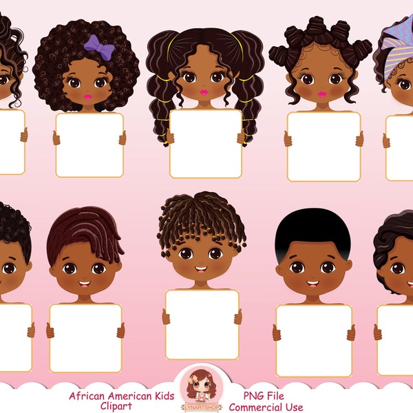 Cute African Americans kids holding board clipart, black kids clip art, cute children, kids holding frames, students, afro kid clipart, PNG