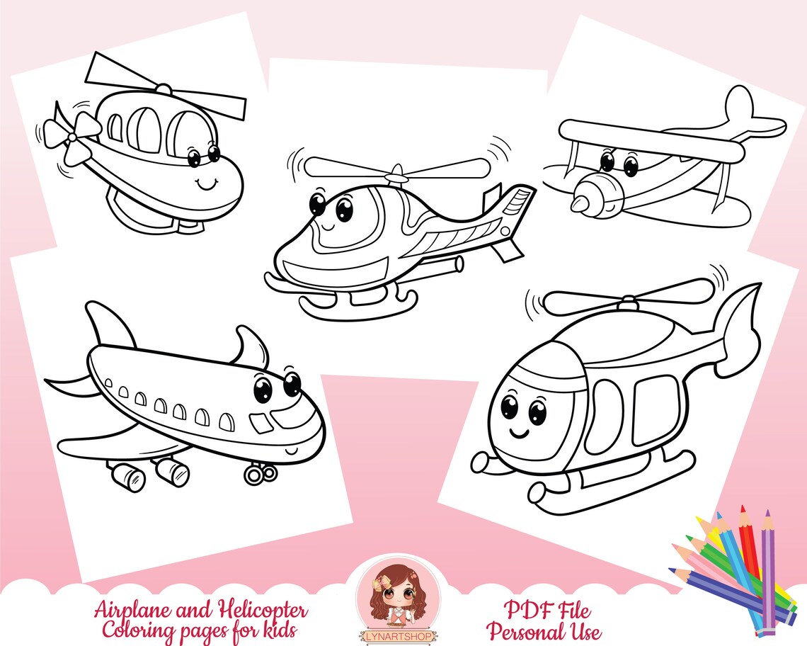 Helicopter and Airplane Coloring Pages for Kids Coloring - Etsy