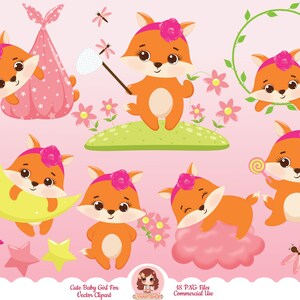 clipart de renard, clipart de renard de petite fille, clipart vectoriel de renard mignon pour carte d’invitation à la fête de bébé, animaux des bois, art de la sublimation, chibi, PNG