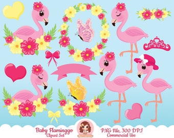 Flamingo clipart, baby flamingo clipart, cute flamingo clip art, tropical flamingo clip art, floral clip art, baby pink flamingo sublimation