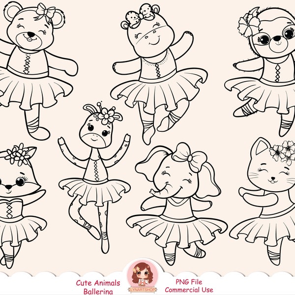 Animal Ballerina line art clipart, nursery animals clip art, minimal and simple clipart, cute woodland, forest friends, black and white PNG