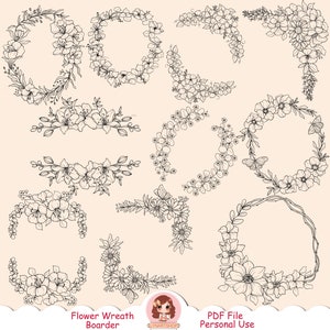 Bloemenkransranden PNG, bloemenkrabbel, zeer fijne tekeningen, zwart en wit, bloemenkrans, vintage bloemen, uitnodiging, kransframe, huwelijkskrans