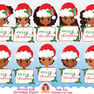 African American kids holding Christmas board, kids clipart, Xmas, Christmas clipart, cute holiday clip art, digital graphics, children, PNG