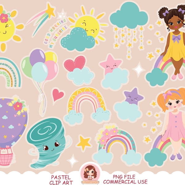 Cute kawaii weather, happy  sun, sweet rainbow, cloud, butterfly, spring clipart, sublimation design, cartoon, chibi, flowers, PNG