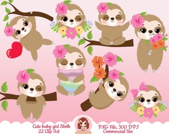 Cute sloth clipart, cute sloth, sloth Clip Art, Set of cute sloths, baby girl sloths, Cute sloth PNG, sloths with flower, sublimation design