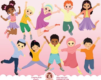 Cute kids clipart, Jumping children, multicultural kids clipart, happy, joy, excited kids, cartoon boys and girls, back to school children