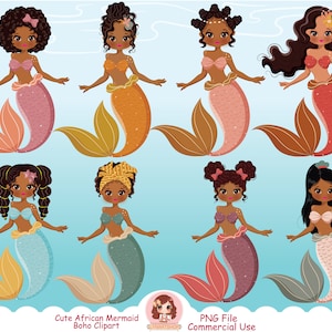Cute African mermaid clipart PNG, black mermaid clip art, little mermaid, underwater, under the sea, fish, afro girls mermaid, boho clip art