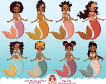 Cute African mermaid clipart PNG, black mermaid clip art, little mermaid, underwater, under the sea, fish, afro girls mermaid, boho clip art