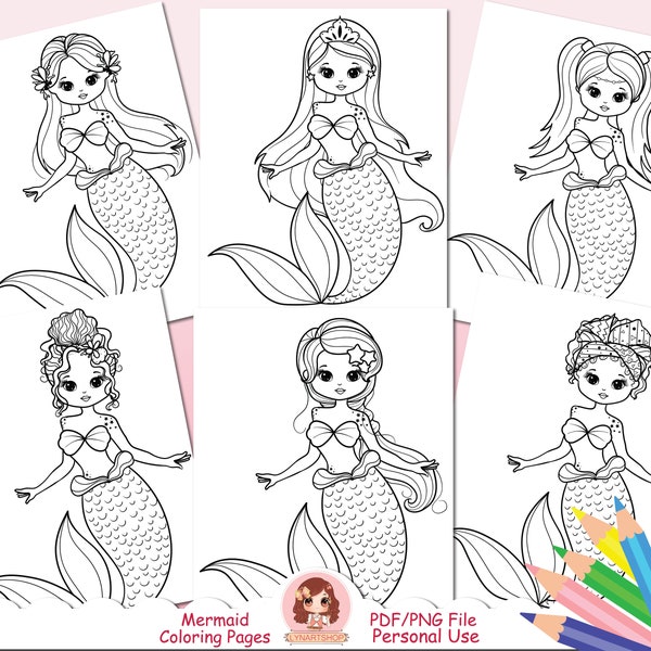 Cute mermaid coloring pages for kids, mermaids digital stamp, black and white, under water, under the sea, coloring book for kids, PDF