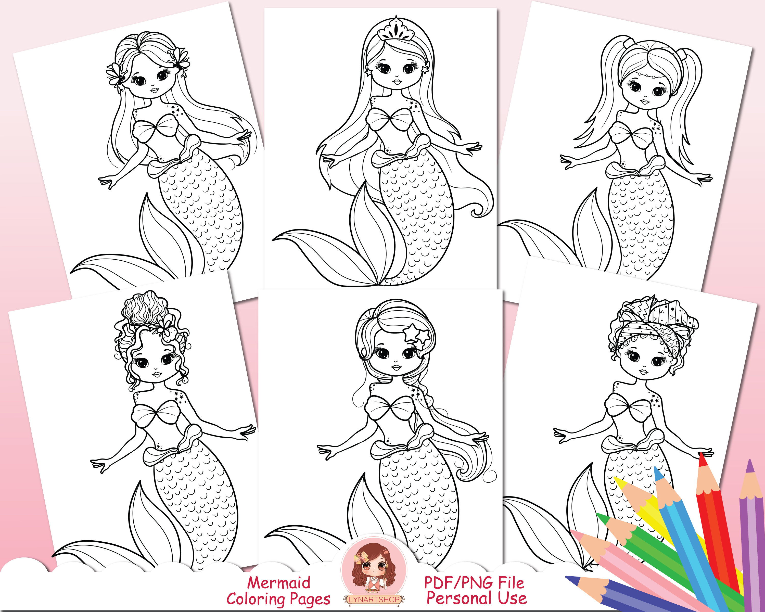 Cute Mermaid Coloring Pages for Kids, Mermaids Digital Stamp, Black and White, Under Water