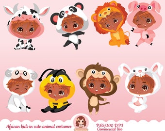 African boy in cute animal costume clipart, cute chibi kids with costumes, cute baby boy clipart, animal costumes, cute black kids clipart