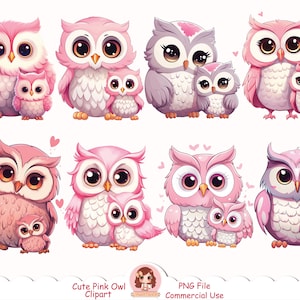 Niedliche rosa Eule Clipart PNG, süße Mutter und Tochter Clip Art, Liebe, Valentinstag Clipart, druckbare Clipart, digitale Dowlnoad, Vögel, Eule