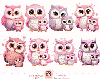 Cute pink owl  clipart PNG, cute mom and daughter clip art,  love, valentines clipart, printable clipart, digital dowlnoad, birds, owl