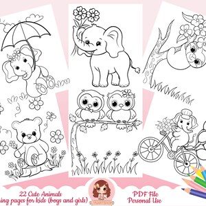 May include: Black and white colouring pages featuring 22 cute animals, including an elephant, owl, sloth, and bear. The pages are designed for kids and include the text "22 Cute Animals Colouring pages for kids (boys and girls)" and "PDF File Personal Use".