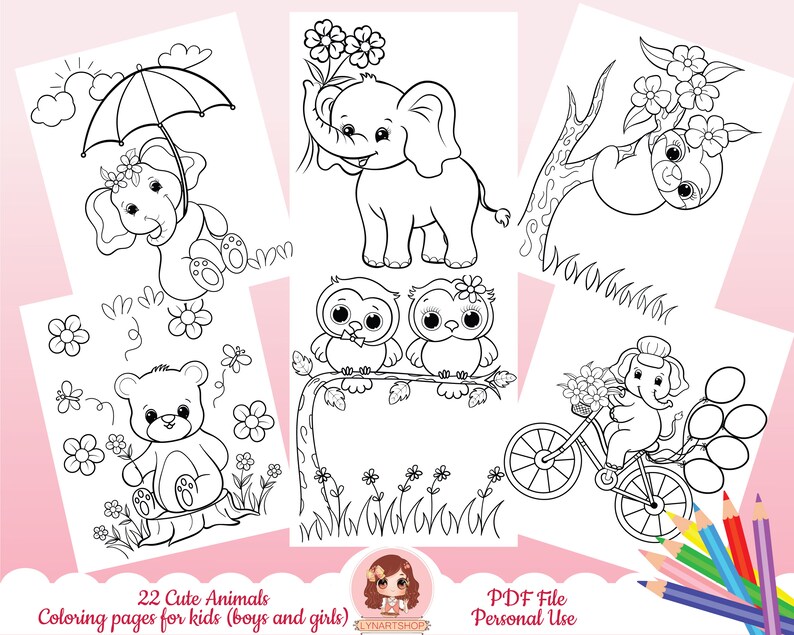 May include: Black and white colouring pages featuring 22 cute animals, including an elephant, owl, sloth, and bear. The pages are designed for kids and include the text "22 Cute Animals Colouring pages for kids (boys and girls)" and "PDF File Personal Use".
