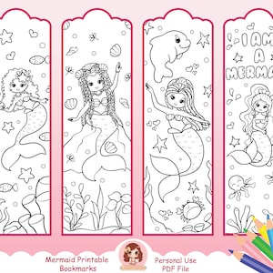 May include: Four black and white printable bookmarks featuring mermaid illustrations. The bookmarks are designed for coloring. The text on one bookmark reads "I am a mermaid".