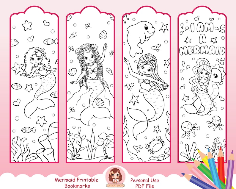 Printable Bookmarks for Kids, Printable Bookmark Coloring, Mermaid