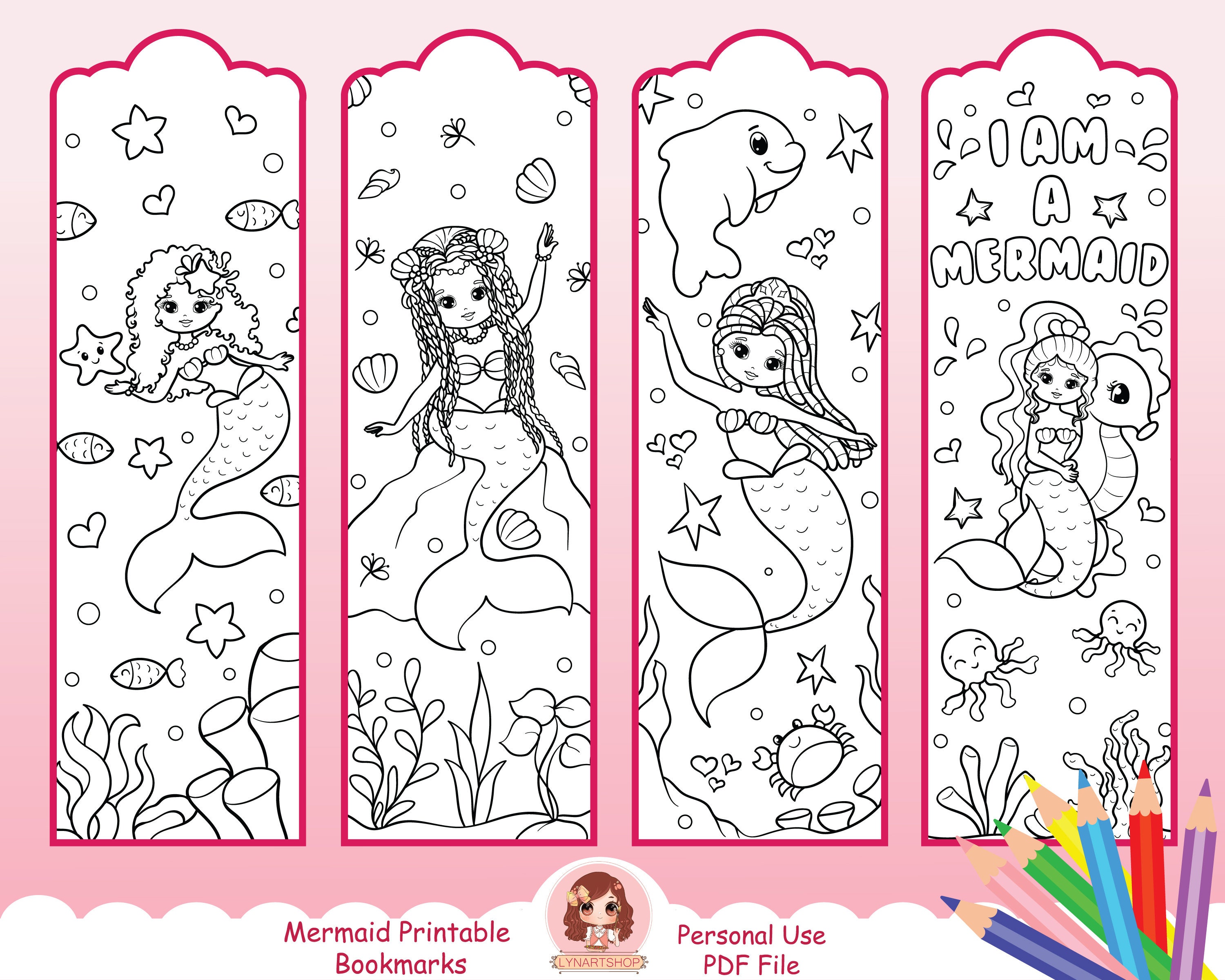 Printable Bookmarks for Kids, Printable Bookmark Coloring, Mermaid