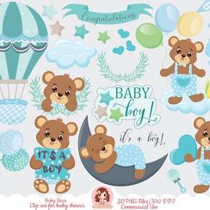 Clipart de ursinho de pelúcia fofo, clipart de berçário, urso de chá de bebê, urso de menino para chá de bebê, scrapbooking, clip art digital, sublimação, PNG