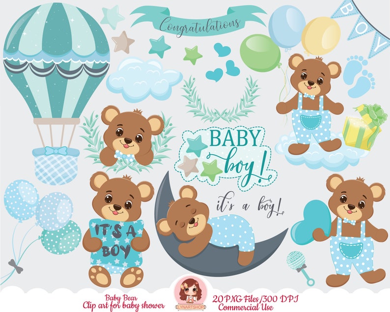 K&ouml;nnte beinhalten: Ein Set mit 20 digitalen Clipart-Bildern, die einen braunen B&auml;ren zeigen, der eine blaue Latzhose und eine Schleife tr&auml;gt. Der B&auml;r h&auml;lt ein Schild mit der Aufschrift "It's a Boy!" und ist von blauen und gr&uuml;nen Luftballons, Sternen und Wolken umgeben. Der Text "Baby Boy!" und "It's a Boy!" ist ebenfalls im Bild enthalten.
