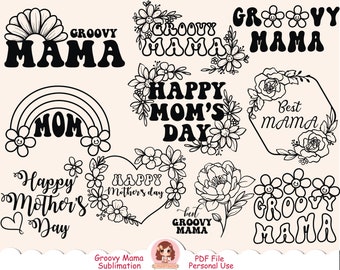 Groovy mama sublimation design PNG, Mother's Day digital stamp, mama t-shirt design, lineart, black and white, cool mama, digital stickers