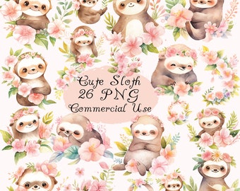 Cute watercolor baby girl sloth clip art, cute sloth with flowers, nursery theme, Spring sloths clip art,  sweet animal, kawaii, PNG