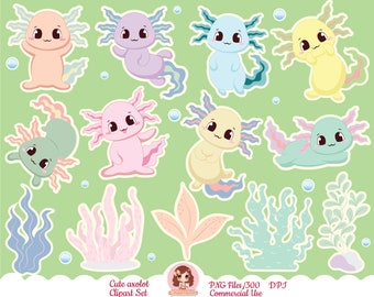 axolotl clipart, cute kawaii axolotl set, cartoon, vector, chibi, cute clip art, sublimation design, happy axolotl, PNG, Printable stickers