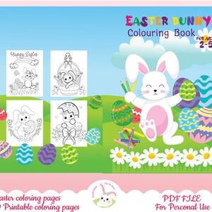 May include: Black and white coloring book featuring an Easter bunny holding colored pencils and surrounded by Easter eggs. The cover also includes the text "Easter Bunny Coloring Book for Ages 2-5".