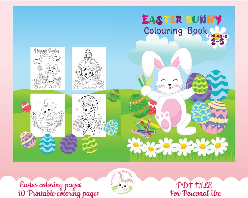 May include: Black and white coloring book featuring an Easter bunny holding colored pencils and surrounded by Easter eggs. The cover also includes the text "Easter Bunny Coloring Book for Ages 2-5".