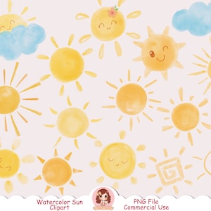 Watercolor sun clipart PNG, cute sun clip art, happy sun, sunshine clipart, sun faces clip art, hand painted sun, summer, handrawn style