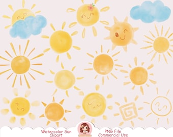 Watercolor sun clipart PNG, cute sun clip art, happy sun, sunshine clipart, sun faces clip art, hand painted sun, summer, handrawn style